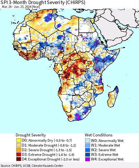Africa SPI 3-Month Drought Severity (CHIRPS) Thematic Map For 3/26/2024 - 6/25/2024