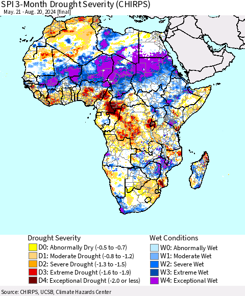 Africa SPI 3-Month Drought Severity (CHIRPS) Thematic Map For 5/21/2024 - 8/20/2024