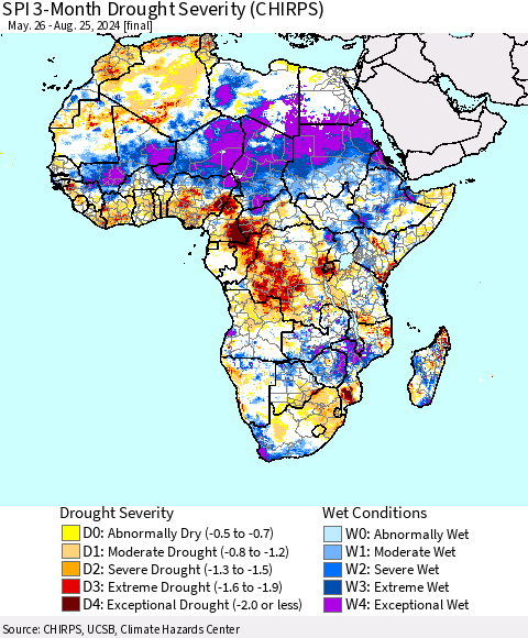 Africa SPI 3-Month Drought Severity (CHIRPS) Thematic Map For 5/26/2024 - 8/25/2024