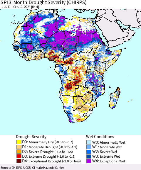 Africa SPI 3-Month Drought Severity (CHIRPS) Thematic Map For 7/11/2024 - 10/10/2024
