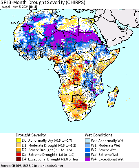 Africa SPI 3-Month Drought Severity (CHIRPS) Thematic Map For 8/6/2024 - 11/5/2024