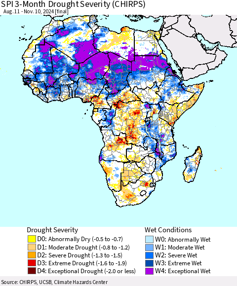 Africa SPI 3-Month Drought Severity (CHIRPS) Thematic Map For 8/11/2024 - 11/10/2024