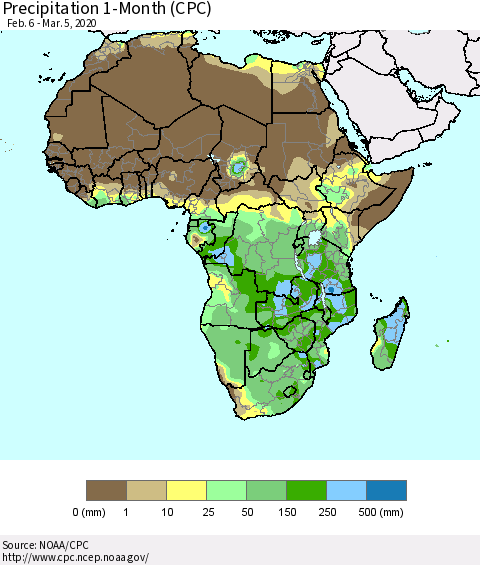 Africa Precipitation 1-Month (CPC) Thematic Map For 2/6/2020 - 3/5/2020