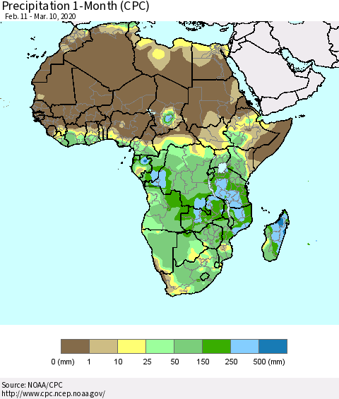 Africa Precipitation 1-Month (CPC) Thematic Map For 2/11/2020 - 3/10/2020