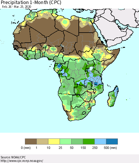 Africa Precipitation 1-Month (CPC) Thematic Map For 2/26/2020 - 3/25/2020