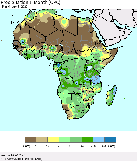 Africa Precipitation 1-Month (CPC) Thematic Map For 3/6/2020 - 4/5/2020