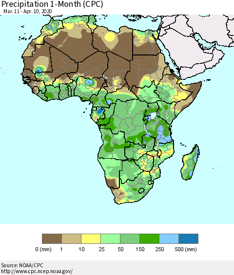 Africa Precipitation 1-Month (CPC) Thematic Map For 3/11/2020 - 4/10/2020