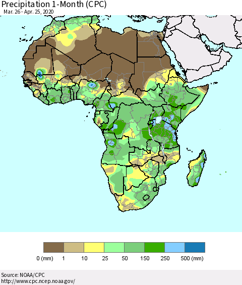 Africa Precipitation 1-Month (CPC) Thematic Map For 3/26/2020 - 4/25/2020