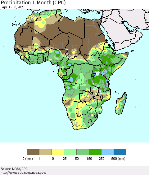 Africa Precipitation 1-Month (CPC) Thematic Map For 4/1/2020 - 4/30/2020
