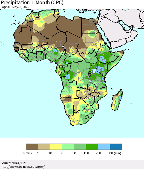 Africa Precipitation 1-Month (CPC) Thematic Map For 4/6/2020 - 5/5/2020
