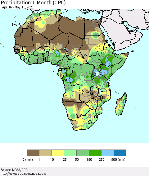 Africa Precipitation 1-Month (CPC) Thematic Map For 4/16/2020 - 5/15/2020