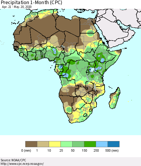 Africa Precipitation 1-Month (CPC) Thematic Map For 4/21/2020 - 5/20/2020
