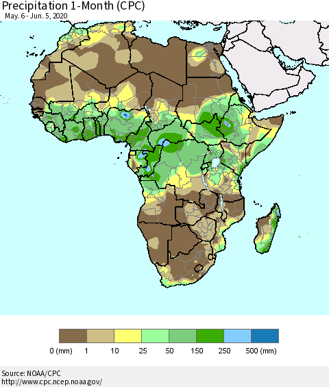 Africa Precipitation 1-Month (CPC) Thematic Map For 5/6/2020 - 6/5/2020