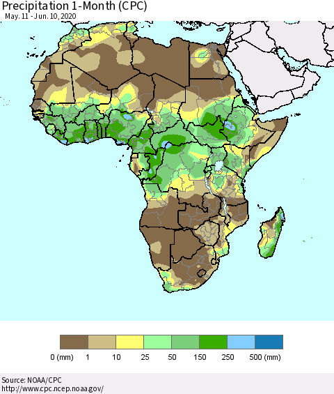 Africa Precipitation 1-Month (CPC) Thematic Map For 5/11/2020 - 6/10/2020