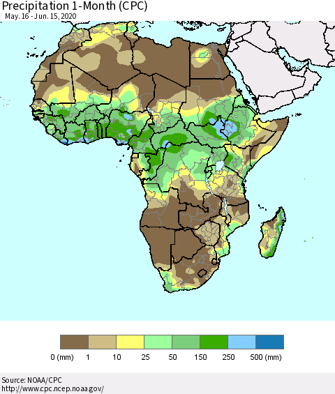Africa Precipitation 1-Month (CPC) Thematic Map For 5/16/2020 - 6/15/2020