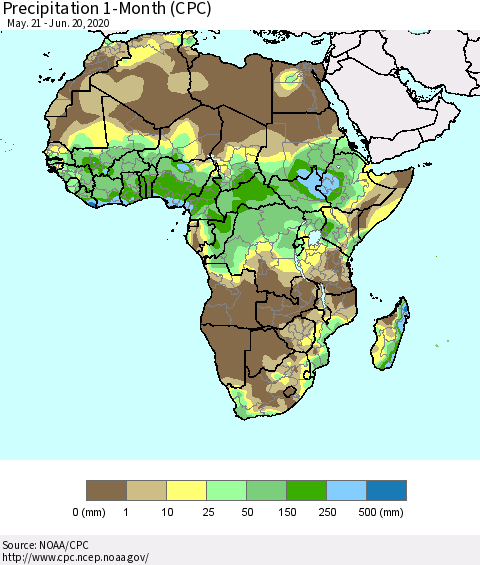 Africa Precipitation 1-Month (CPC) Thematic Map For 5/21/2020 - 6/20/2020