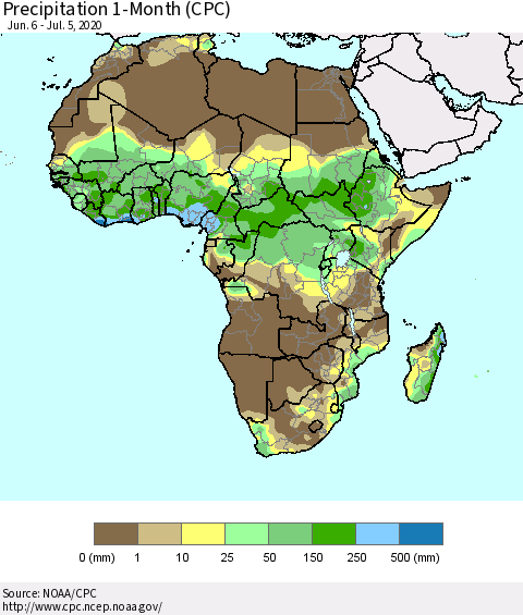 Africa Precipitation 1-Month (CPC) Thematic Map For 6/6/2020 - 7/5/2020