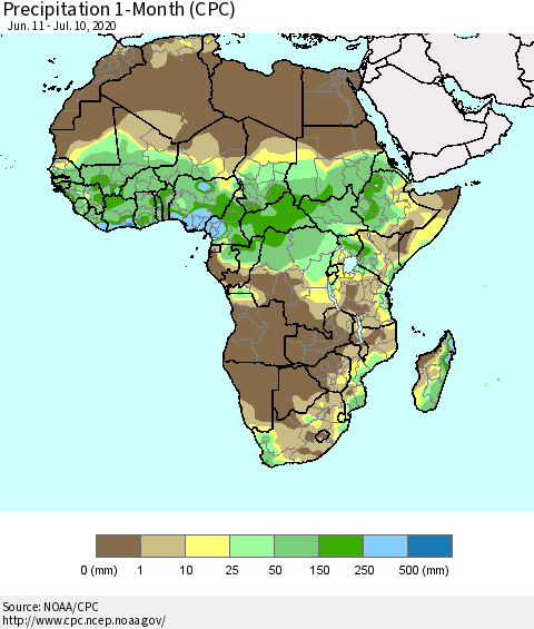 Africa Precipitation 1-Month (CPC) Thematic Map For 6/11/2020 - 7/10/2020