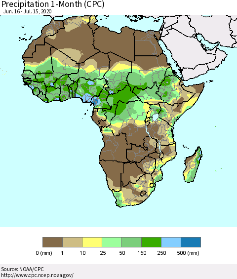 Africa Precipitation 1-Month (CPC) Thematic Map For 6/16/2020 - 7/15/2020