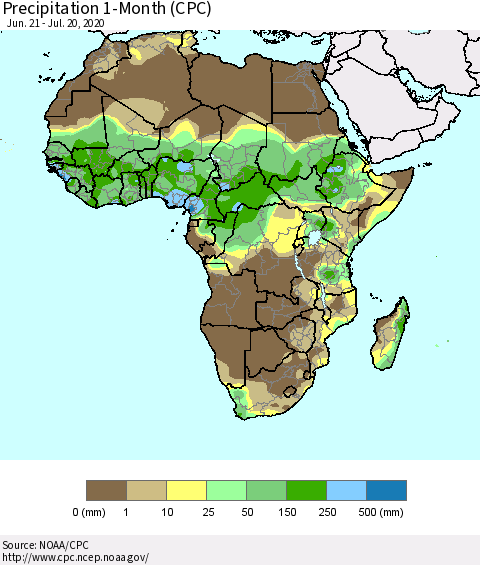 Africa Precipitation 1-Month (CPC) Thematic Map For 6/21/2020 - 7/20/2020