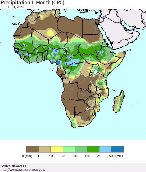 Africa Precipitation 1-Month (CPC) Thematic Map For 7/1/2020 - 7/31/2020