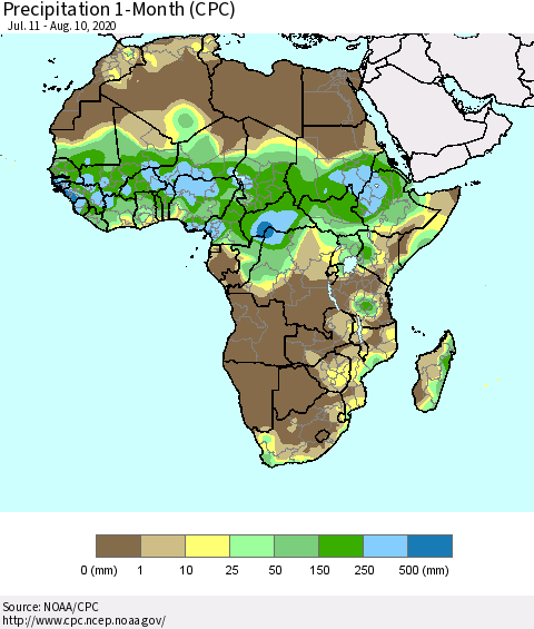 Africa Precipitation 1-Month (CPC) Thematic Map For 7/11/2020 - 8/10/2020