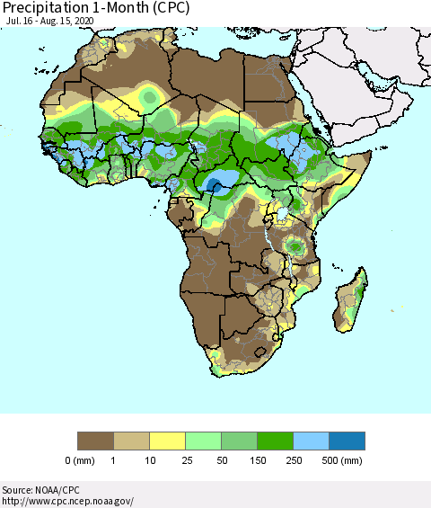 Africa Precipitation 1-Month (CPC) Thematic Map For 7/16/2020 - 8/15/2020