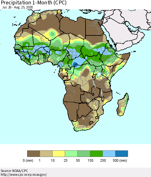 Africa Precipitation 1-Month (CPC) Thematic Map For 7/26/2020 - 8/25/2020