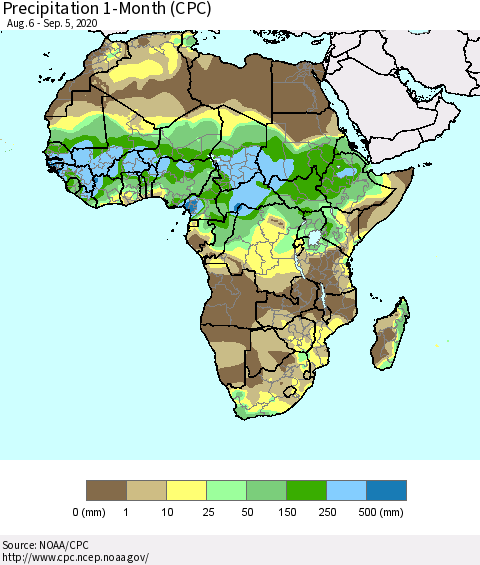 Africa Precipitation 1-Month (CPC) Thematic Map For 8/6/2020 - 9/5/2020