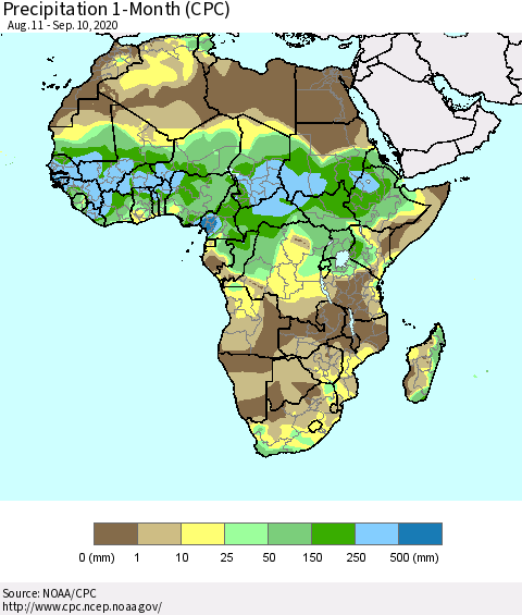 Africa Precipitation 1-Month (CPC) Thematic Map For 8/11/2020 - 9/10/2020