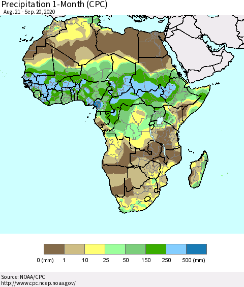 Africa Precipitation 1-Month (CPC) Thematic Map For 8/21/2020 - 9/20/2020