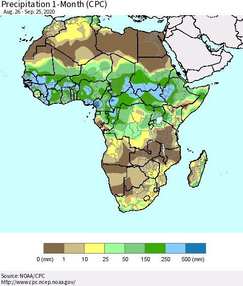 Africa Precipitation 1-Month (CPC) Thematic Map For 8/26/2020 - 9/25/2020