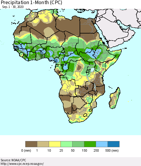 Africa Precipitation 1-Month (CPC) Thematic Map For 9/1/2020 - 9/30/2020