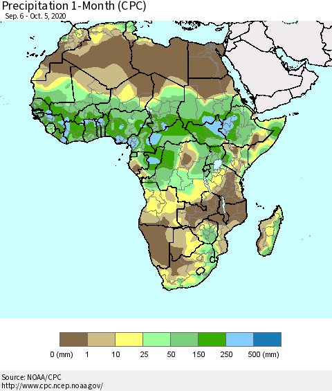 Africa Precipitation 1-Month (CPC) Thematic Map For 9/6/2020 - 10/5/2020