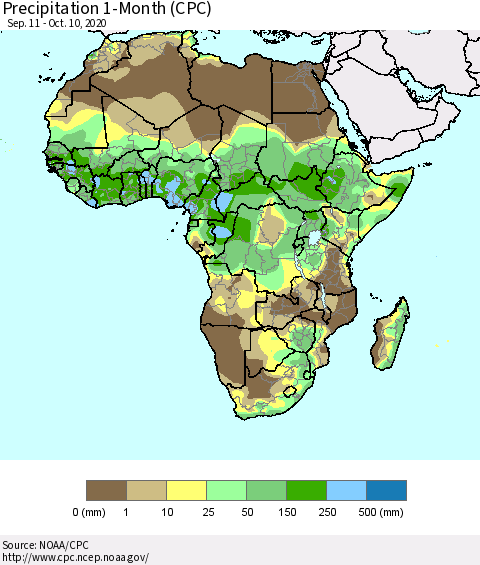 Africa Precipitation 1-Month (CPC) Thematic Map For 9/11/2020 - 10/10/2020