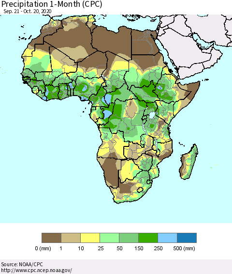 Africa Precipitation 1-Month (CPC) Thematic Map For 9/21/2020 - 10/20/2020