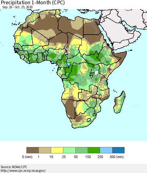 Africa Precipitation 1-Month (CPC) Thematic Map For 9/26/2020 - 10/25/2020
