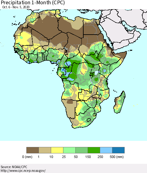 Africa Precipitation 1-Month (CPC) Thematic Map For 10/6/2020 - 11/5/2020
