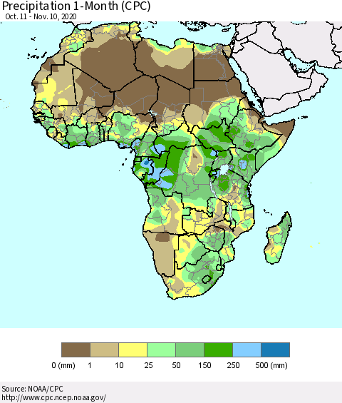 Africa Precipitation 1-Month (CPC) Thematic Map For 10/11/2020 - 11/10/2020