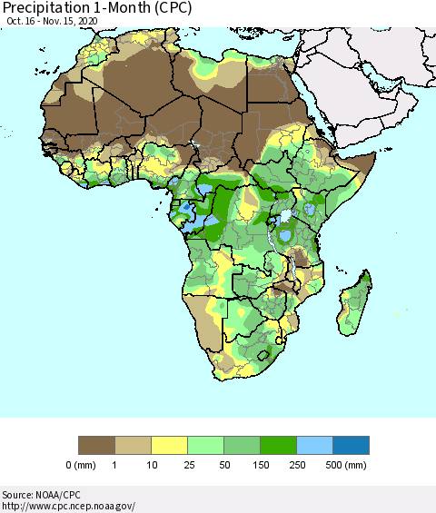 Africa Precipitation 1-Month (CPC) Thematic Map For 10/16/2020 - 11/15/2020