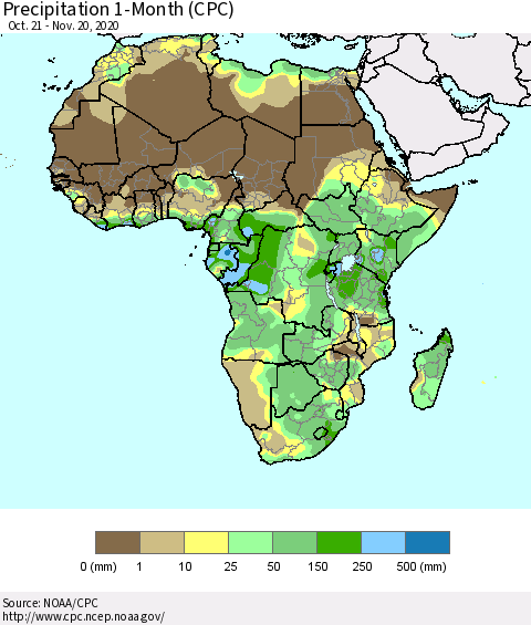 Africa Precipitation 1-Month (CPC) Thematic Map For 10/21/2020 - 11/20/2020