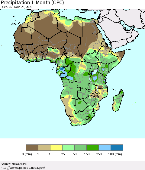 Africa Precipitation 1-Month (CPC) Thematic Map For 10/26/2020 - 11/25/2020