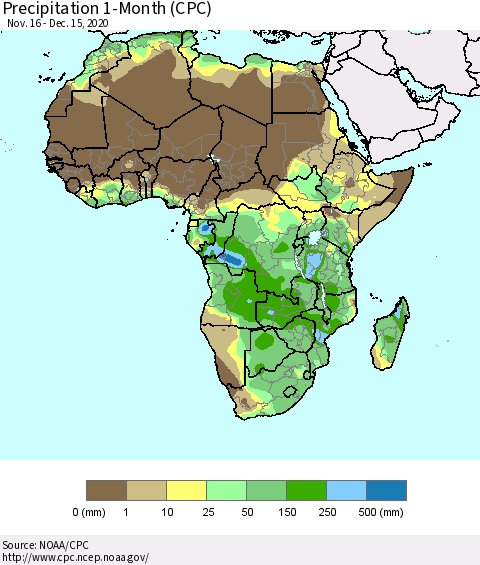 Africa Precipitation 1-Month (CPC) Thematic Map For 11/16/2020 - 12/15/2020