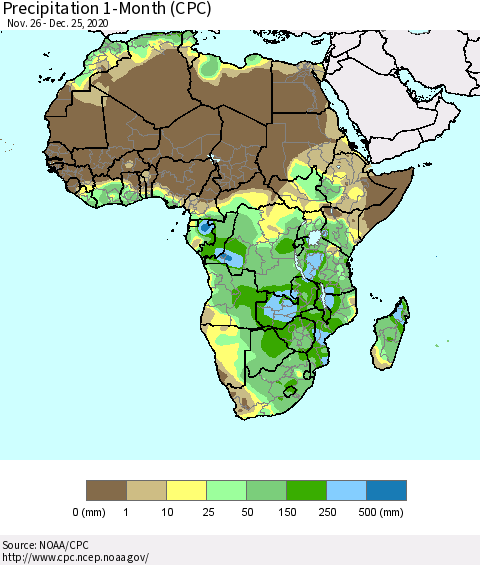 Africa Precipitation 1-Month (CPC) Thematic Map For 11/26/2020 - 12/25/2020