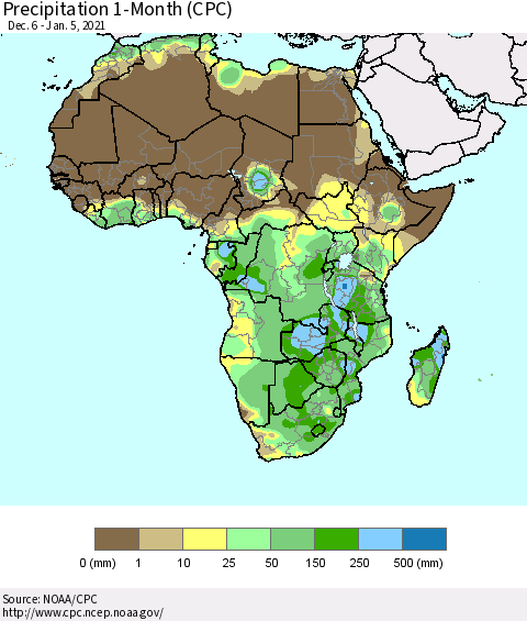 Africa Precipitation 1-Month (CPC) Thematic Map For 12/6/2020 - 1/5/2021