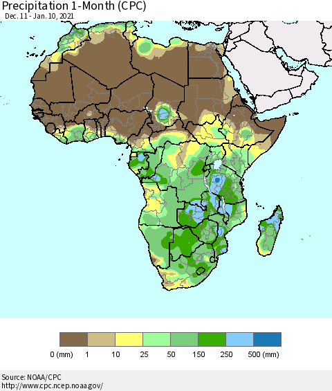 Africa Precipitation 1-Month (CPC) Thematic Map For 12/11/2020 - 1/10/2021