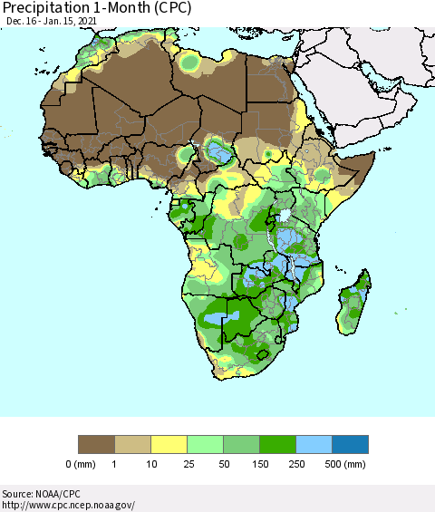 Africa Precipitation 1-Month (CPC) Thematic Map For 12/16/2020 - 1/15/2021