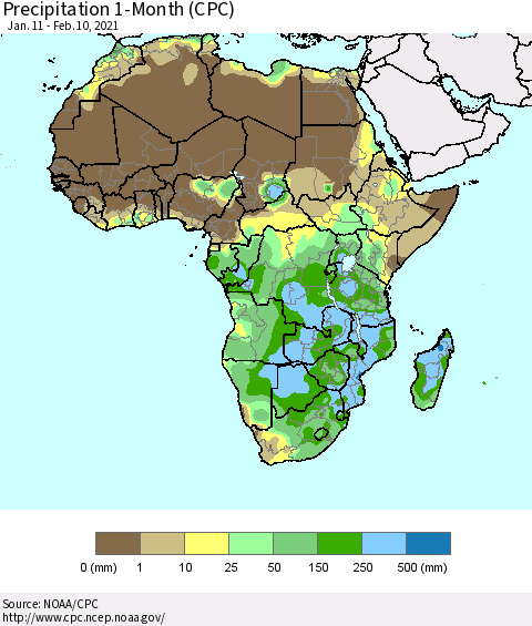Africa Precipitation 1-Month (CPC) Thematic Map For 1/11/2021 - 2/10/2021