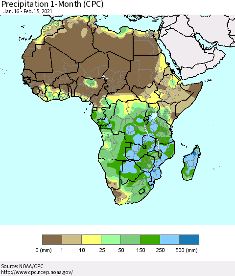 Africa Precipitation 1-Month (CPC) Thematic Map For 1/16/2021 - 2/15/2021