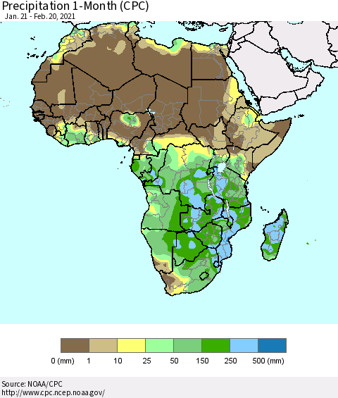 Africa Precipitation 1-Month (CPC) Thematic Map For 1/21/2021 - 2/20/2021